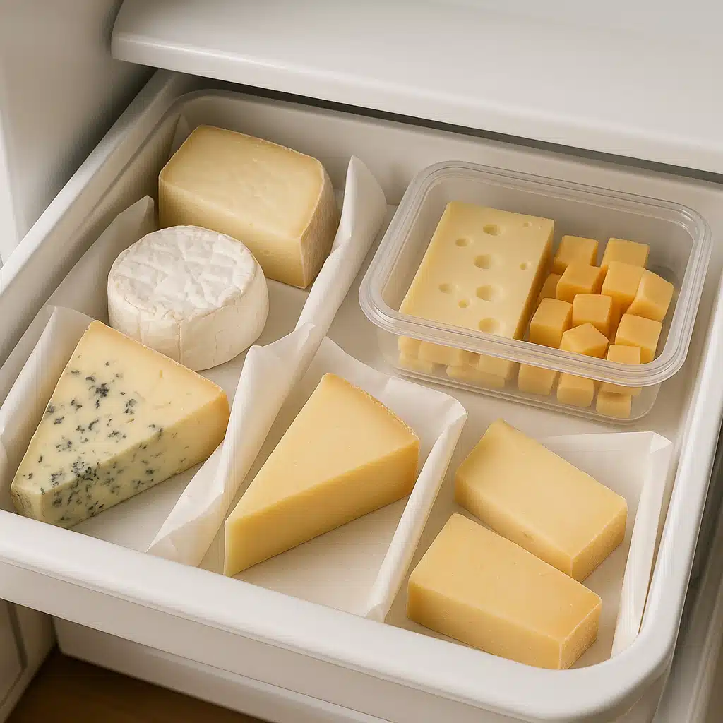 Organized refrigerator cheese drawer showing proper cheese storage with specialty paper and containers, different cheese types wrapped separately, clean and tidy presentation with soft lighting