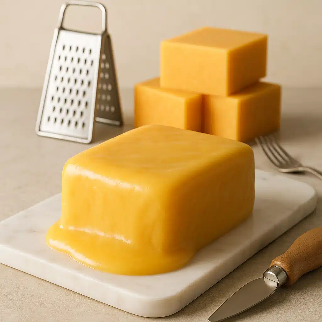A smooth, golden block of homemade melting cheese on a white marble cutting board, with fresh cheddar cheese blocks and kitchen utensils in soft natural lighting, clean and appetizing food photography style
