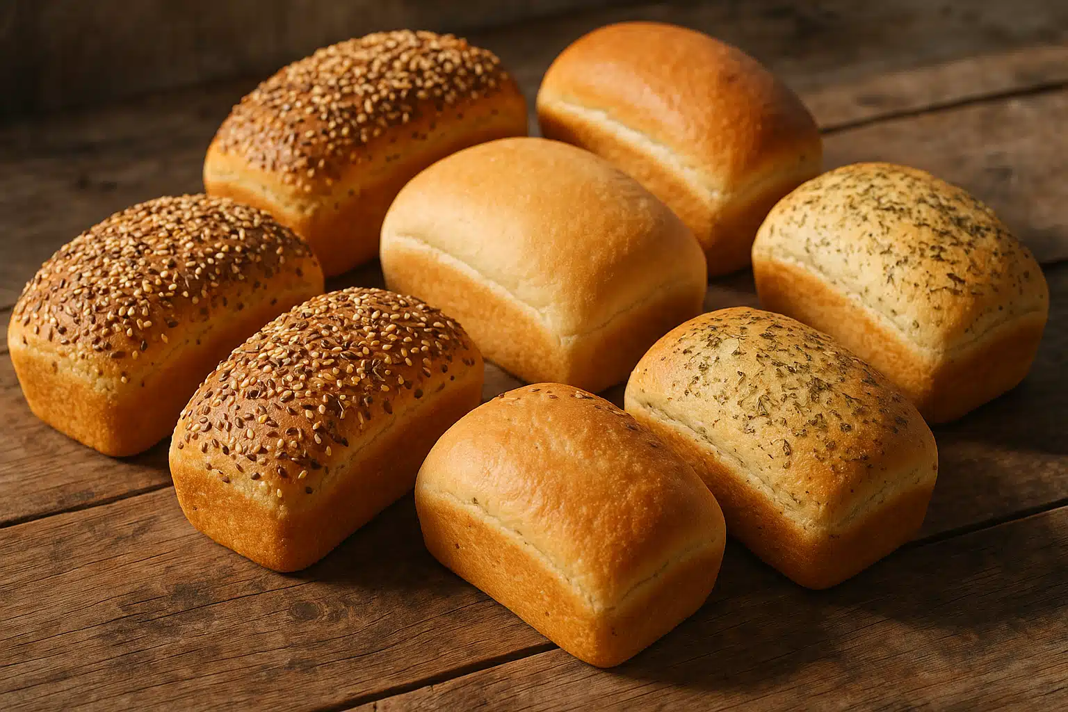 Variety of homemade sandwich breads including plain, seeded, and herb versions arranged on a rustic wooden table, showing different textures and toppings, natural daylight photography