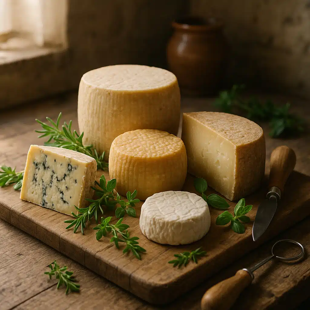 Assortment of artisan cheeses on a wooden board with fresh herbs and cheese making tools in soft natural lighting, rustic kitchen setting
