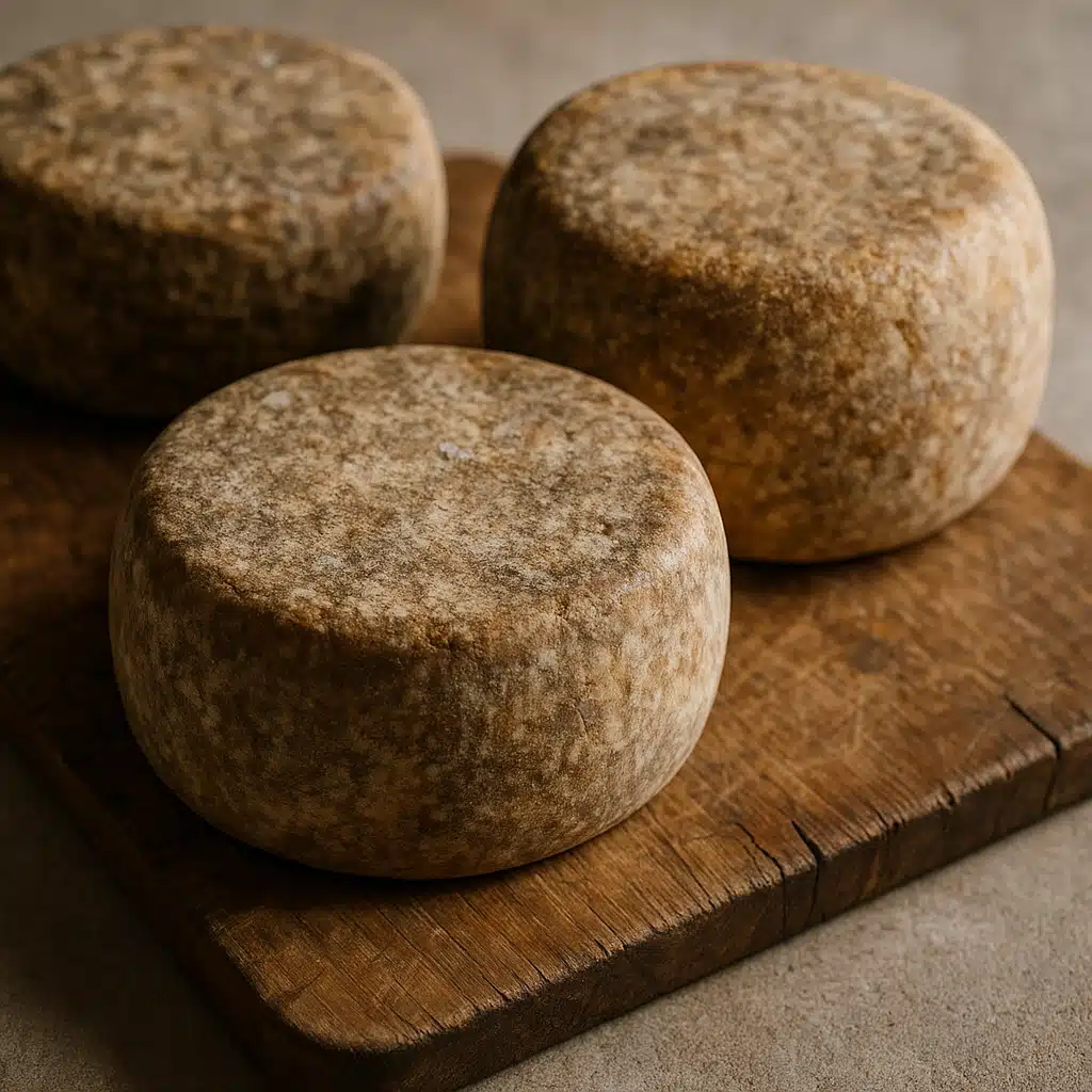 Close-up of artisanal aged cheese wheels with natural rinds on a rustic wooden cutting board, soft natural lighting, professional food photography style