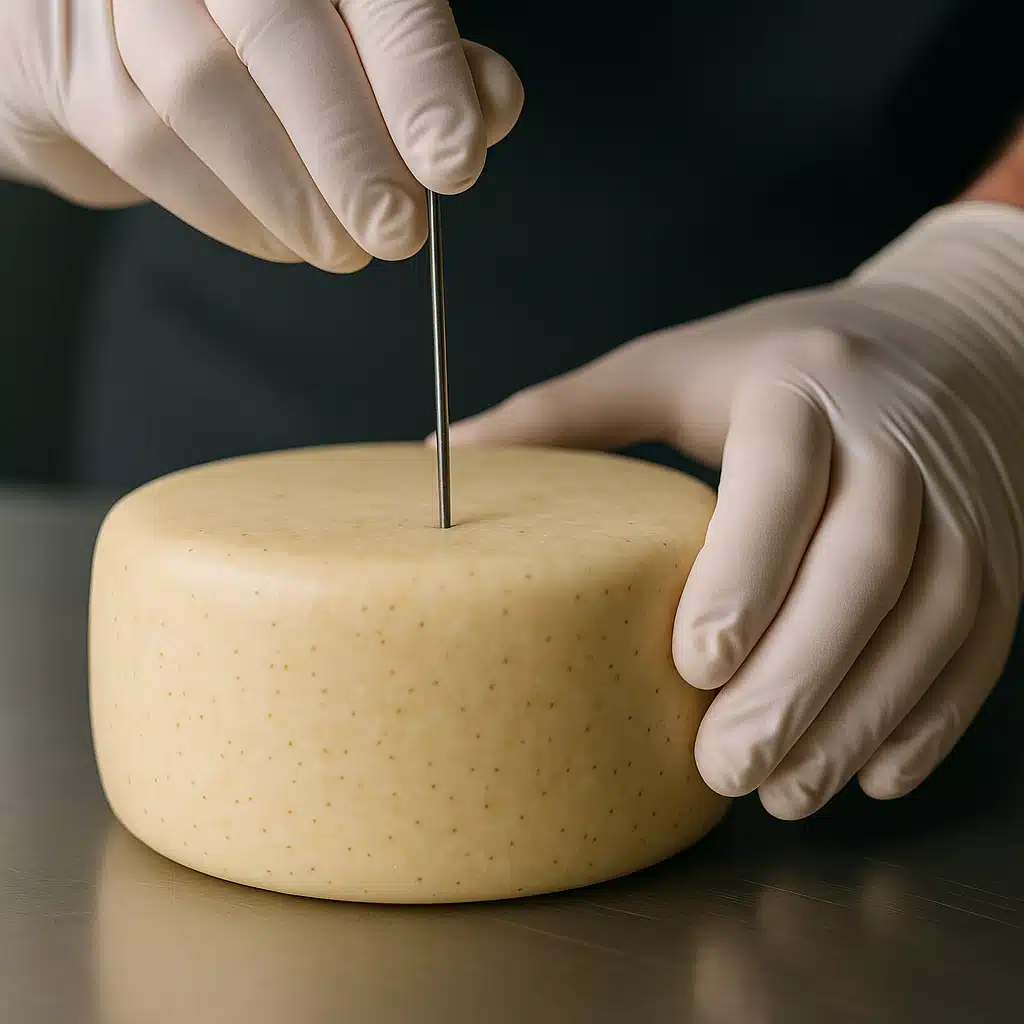 Round cheese wheel being pierced with sterilized needle, close-up showing technique, clean hands wearing food-safe gloves, professional lighting highlighting the process
