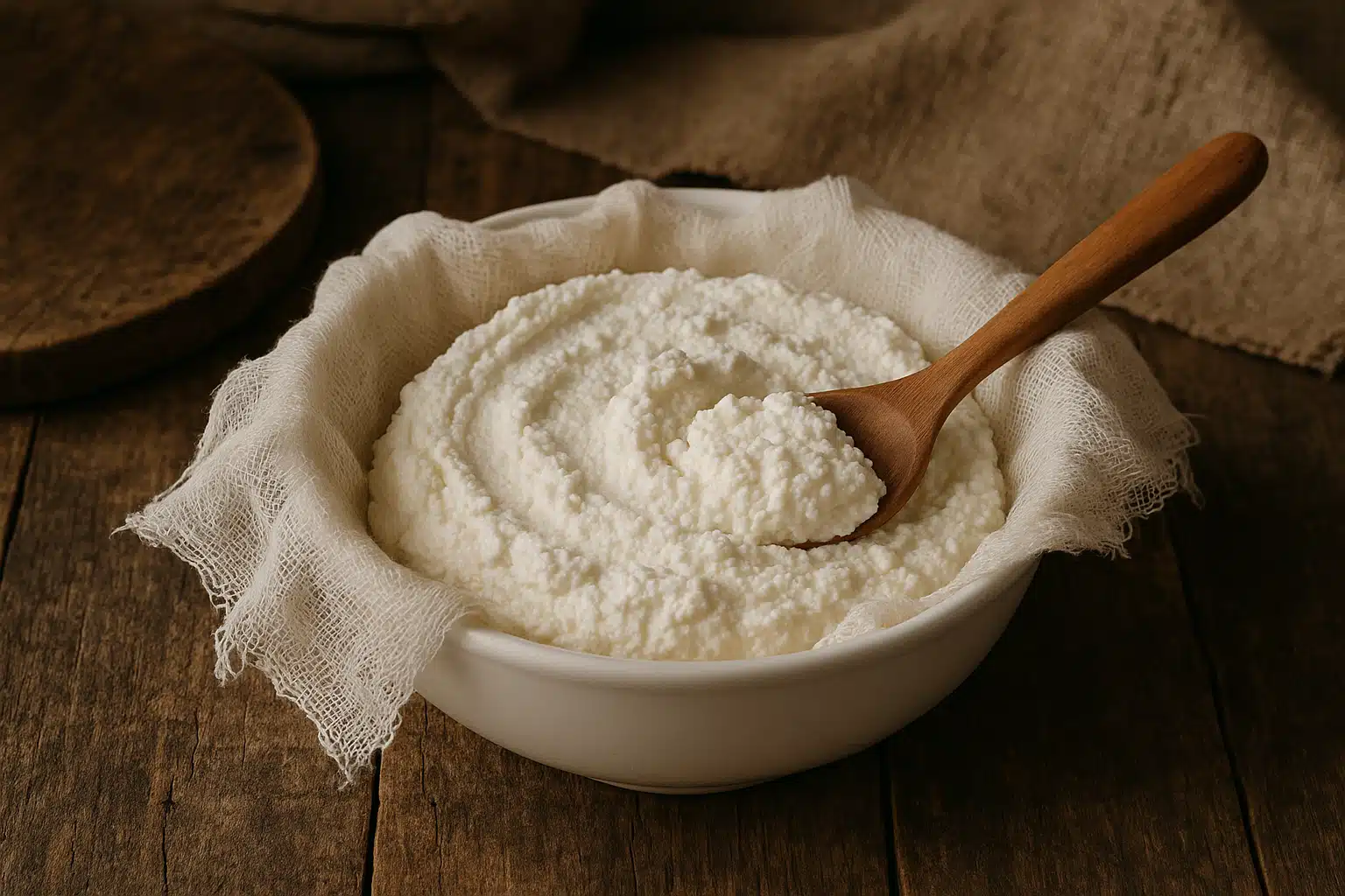 Fresh homemade ricotta cheese in white bowl with cheesecloth and wooden spoon, rustic kitchen setting, artisanal food photography style