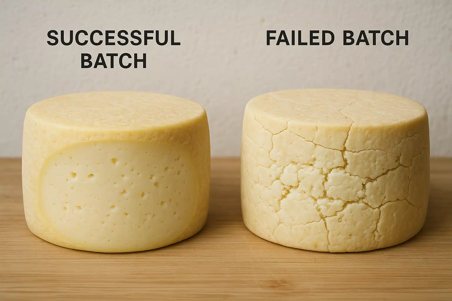 Comparison of successful and failed cheese batches side by side, educational display showing texture differences, clear documentary style photography, informative composition