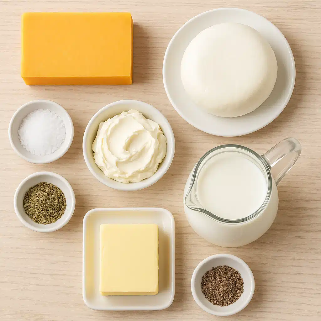 An overhead flat lay of fresh cheese-making ingredients including blocks of cheddar and mozzarella, cream cheese, milk in a glass pitcher, butter, and small bowls of seasonings on a light wooden surface, bright and clean food styling