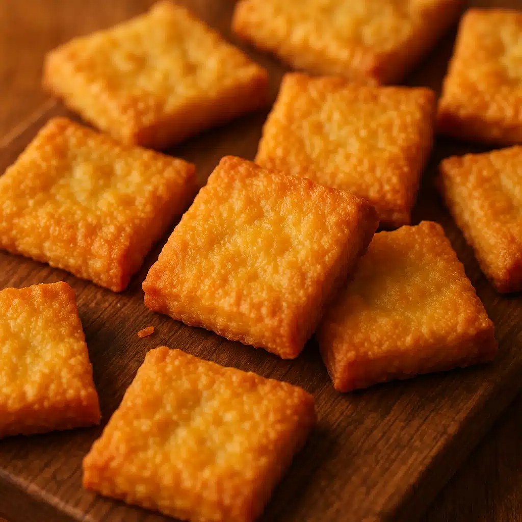 Close-up of golden, crispy homemade cheese crackers arranged on a rustic wooden board, with visible texture and appetizing appearance, natural lighting, warm and inviting atmosphere