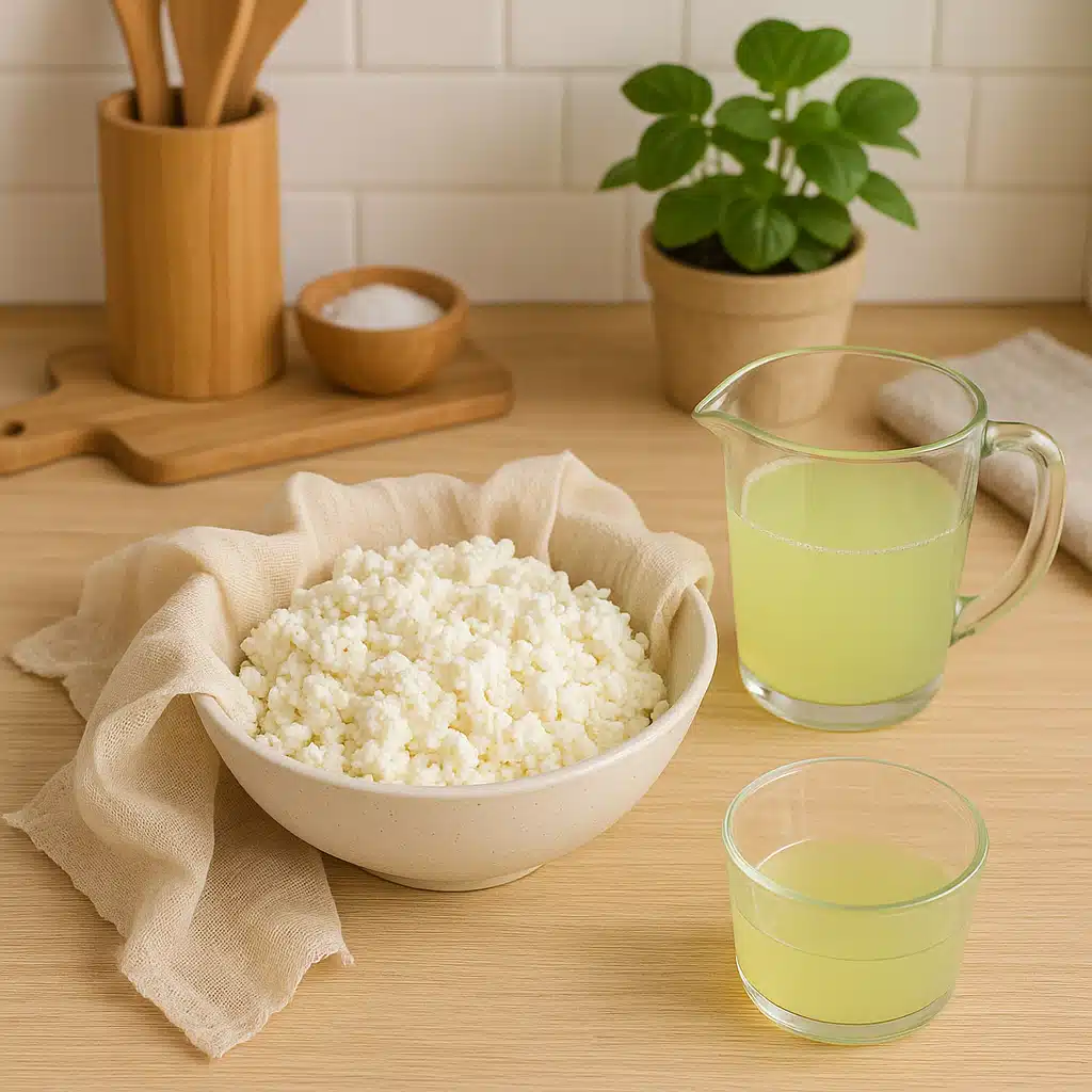 Eco-friendly kitchen scene showing homemade cheese in a bowl with whey being collected in a separate container, emphasizing zero-waste cooking practices, bright and clean aesthetic