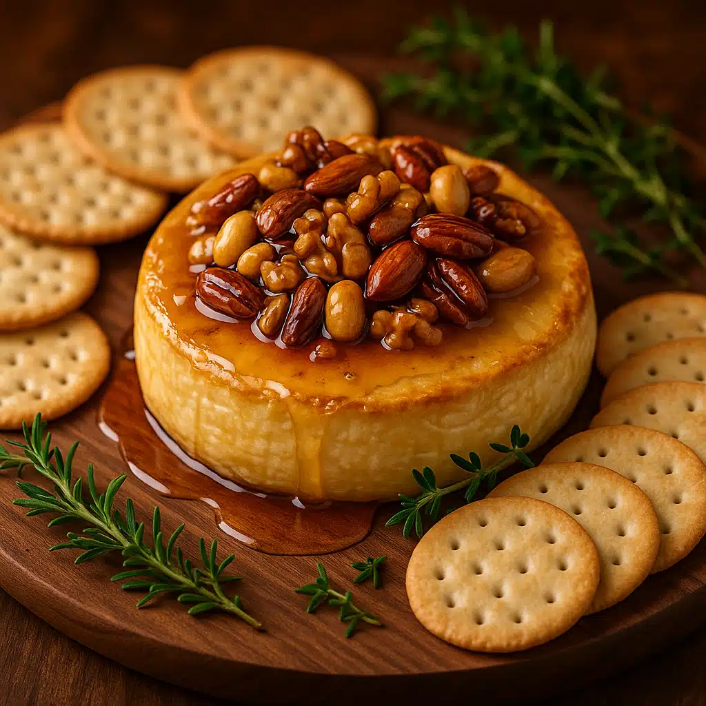 A golden wheel of baked brie cheese topped with honey and mixed nuts on an elegant serving board, surrounded by crackers and fresh herbs, warm ambient lighting, appetizing presentation