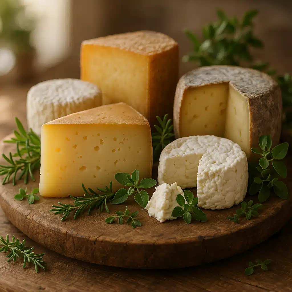 Assortment of handcrafted artisan cheeses arranged on a rustic wooden board with fresh herbs, soft natural lighting, welcoming and appetizing presentation