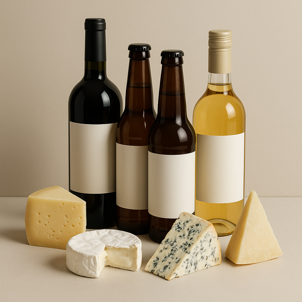 Elegant arrangement of wine bottles, beer bottles, and mead alongside various cheese varieties, minimalist styling with neutral background, sophisticated product photography