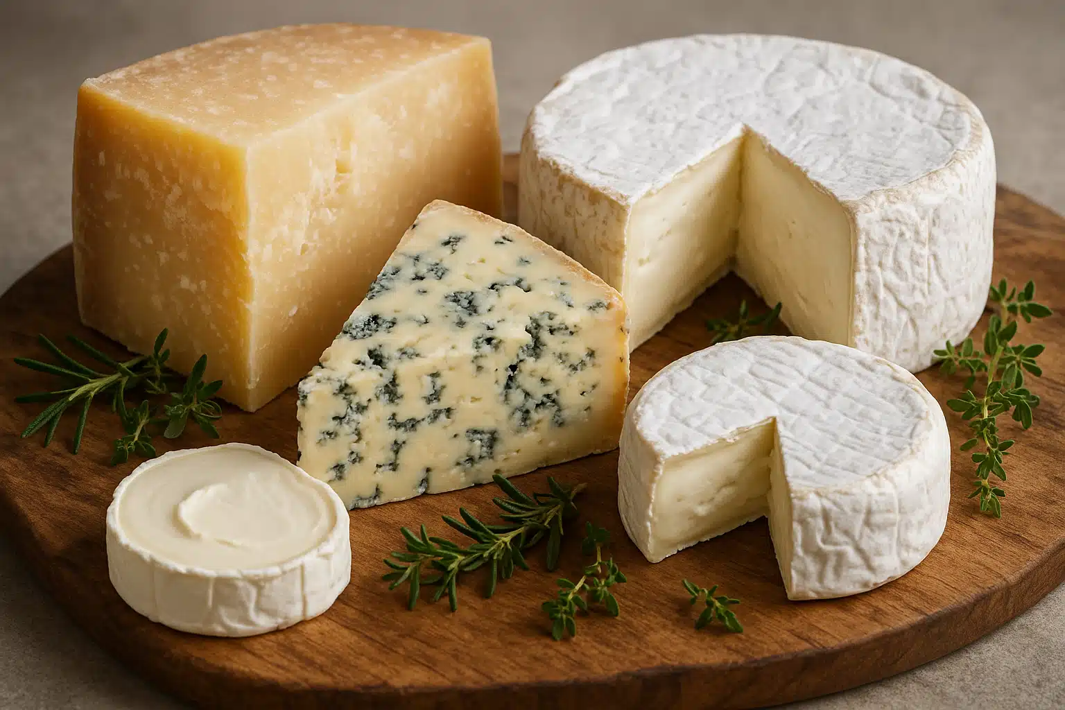 Assortment of various cheese types including hard aged cheese, soft creamy cheese, and blue cheese arranged on a wooden board with fresh herbs, professional food photography style, natural lighting