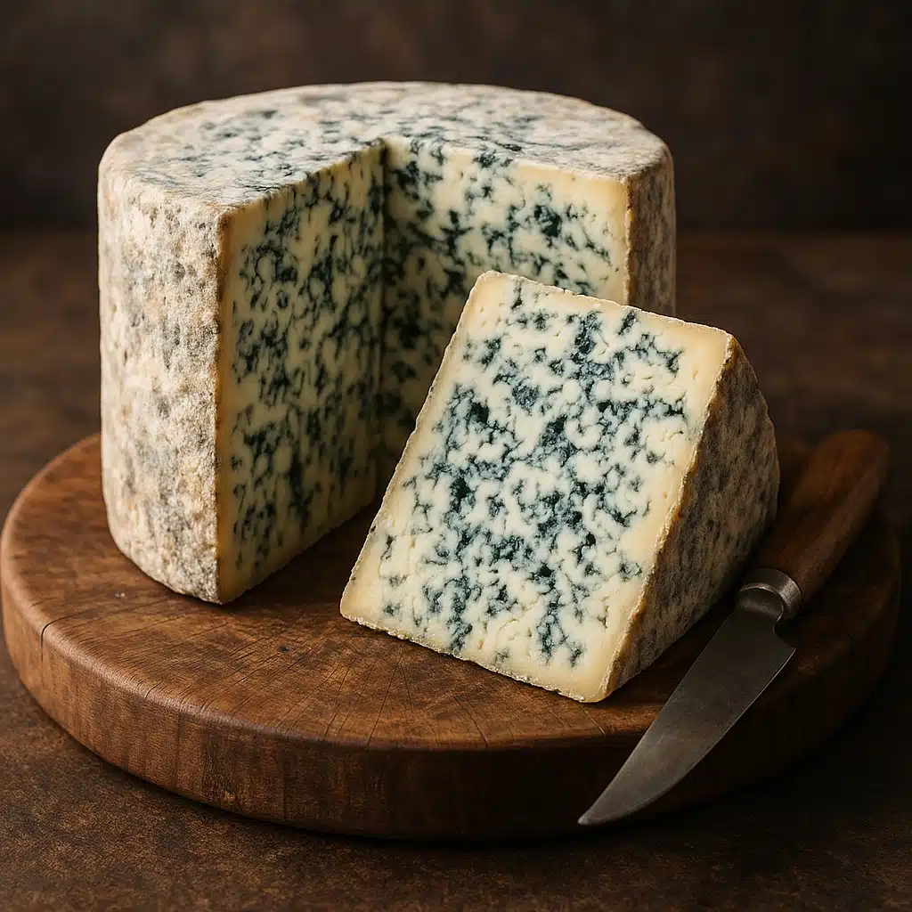 Aged blue cheese wheel with prominent blue-green veining throughout, cut to show interior marbling, presented on wooden board with cheese knife, appetizing professional food photography