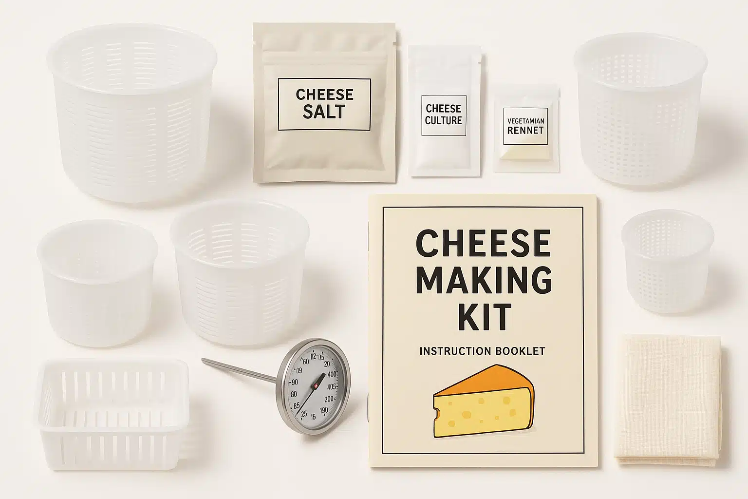 Complete cheese making kit laid out on a clean white surface with ingredients, molds, thermometer, and instruction booklet, bright and organized composition