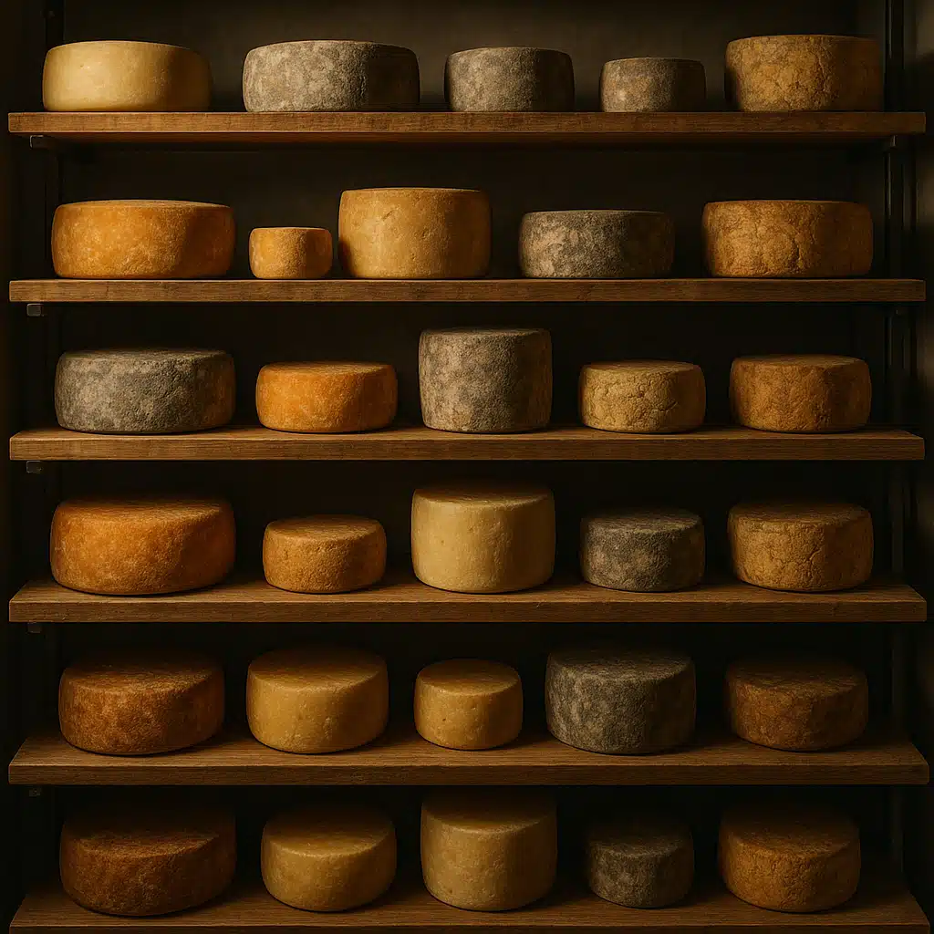 Artisan cheese wheels aging on wooden shelves in a temperature-controlled environment, soft ambient lighting, professional cheese making setup with various aged cheeses