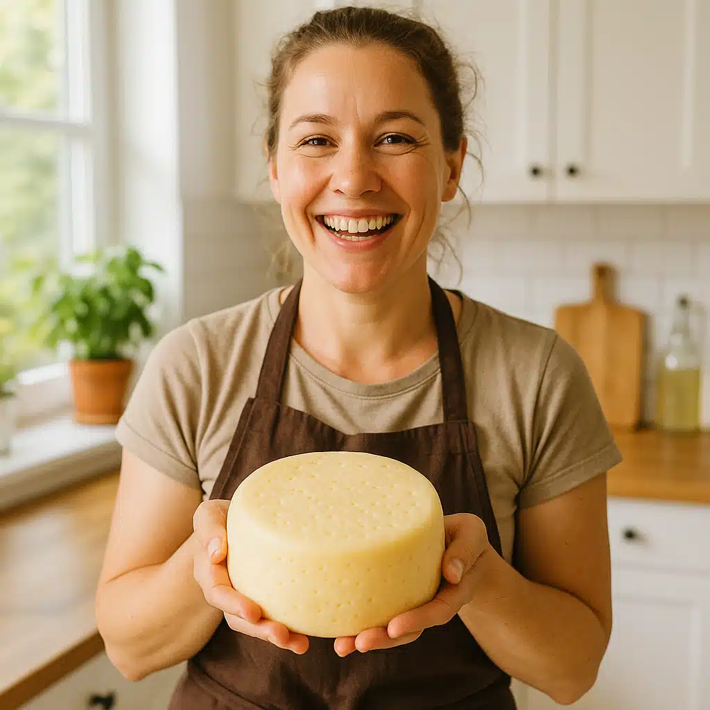 Happy home cheese maker holding a wheel of successful homemade cheese, bright kitchen setting, proud and accomplished expression, lifestyle photography capturing the joy of artisanal food creation