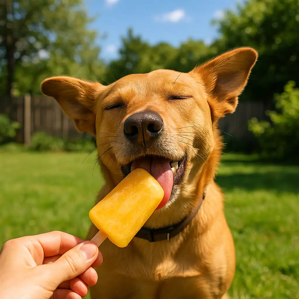 Happy dog enjoying frozen treat outdoors, sunny backyard setting, natural pet care concept, wholesome and cheerful atmosphere