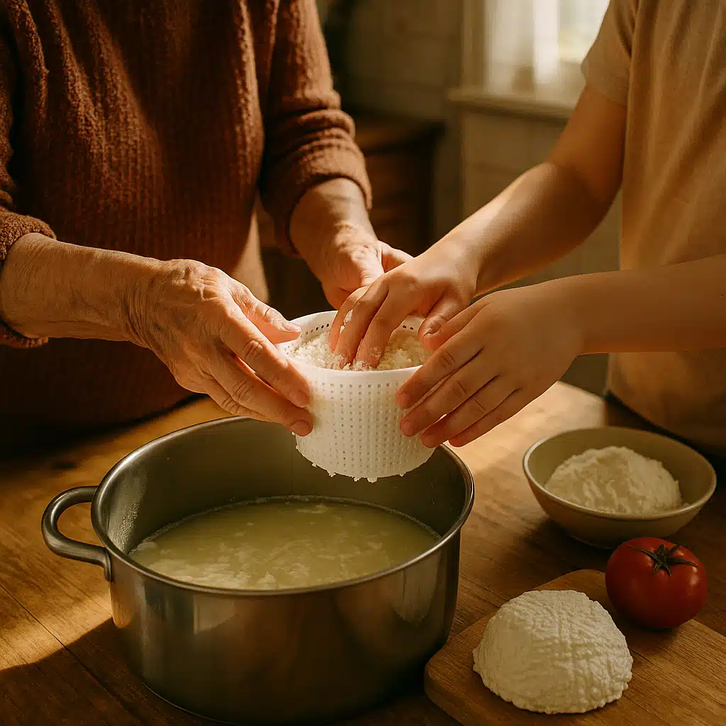 Warm scene of hands guiding someone in making ricotta, intergenerational cooking activity in home kitchen, focus on sharing traditional food knowledge, documentary style photography with natural light