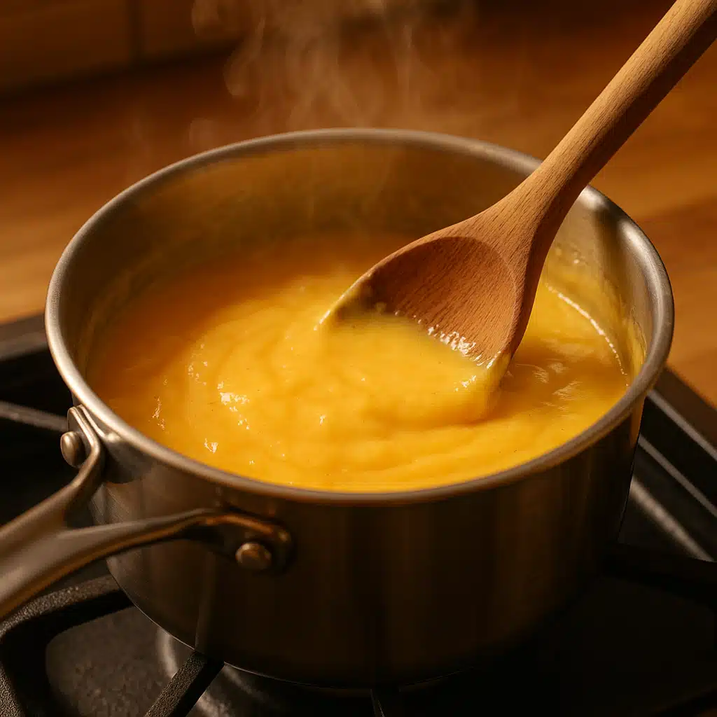 A stainless steel saucepan on a stovetop with melted golden cheese mixture being stirred with a wooden spoon, steam rising gently, warm kitchen lighting, close-up food preparation photography