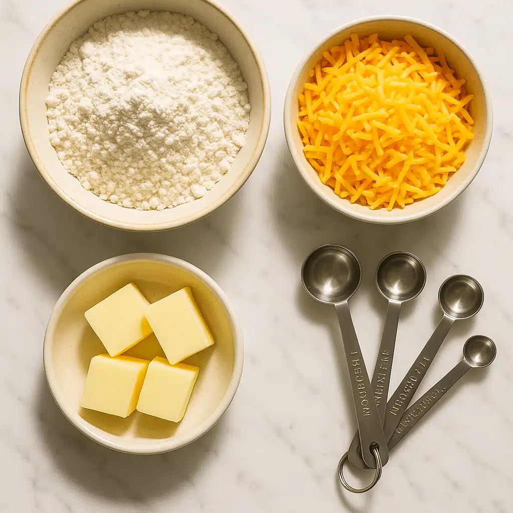 Overhead view of baking ingredients laid out on a marble countertop including flour, shredded cheese, butter, and measuring spoons, organized and clean presentation, bright natural lighting
