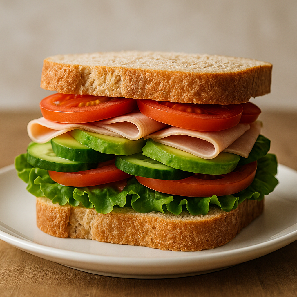 Beautiful sandwich made with thick slices of homemade whey bread, fresh vegetables and quality ingredients, placed on a white plate with natural lighting, appealing food photography style
