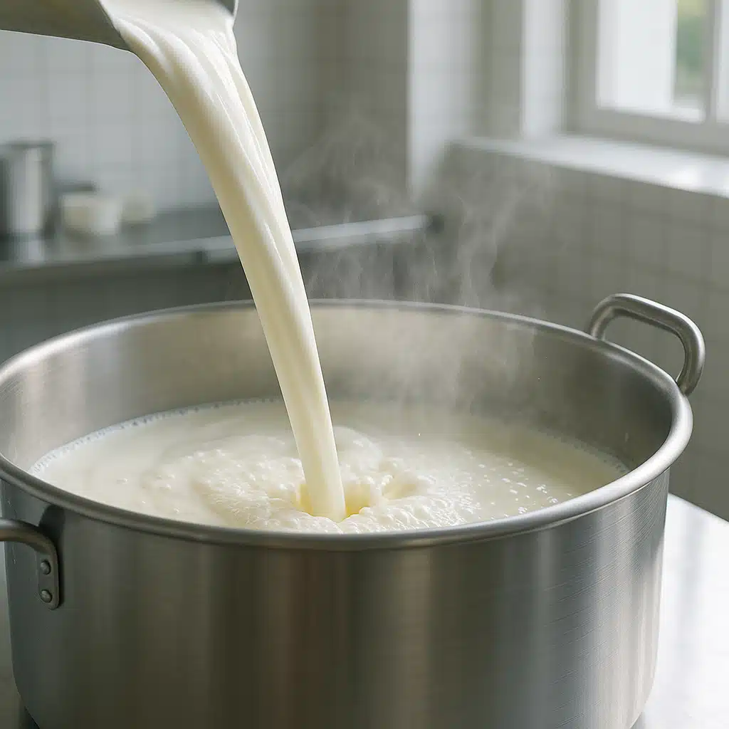 Close-up of fresh milk being poured into a stainless steel cheese making vat, steam rising, bright and clean kitchen environment, professional food photography style