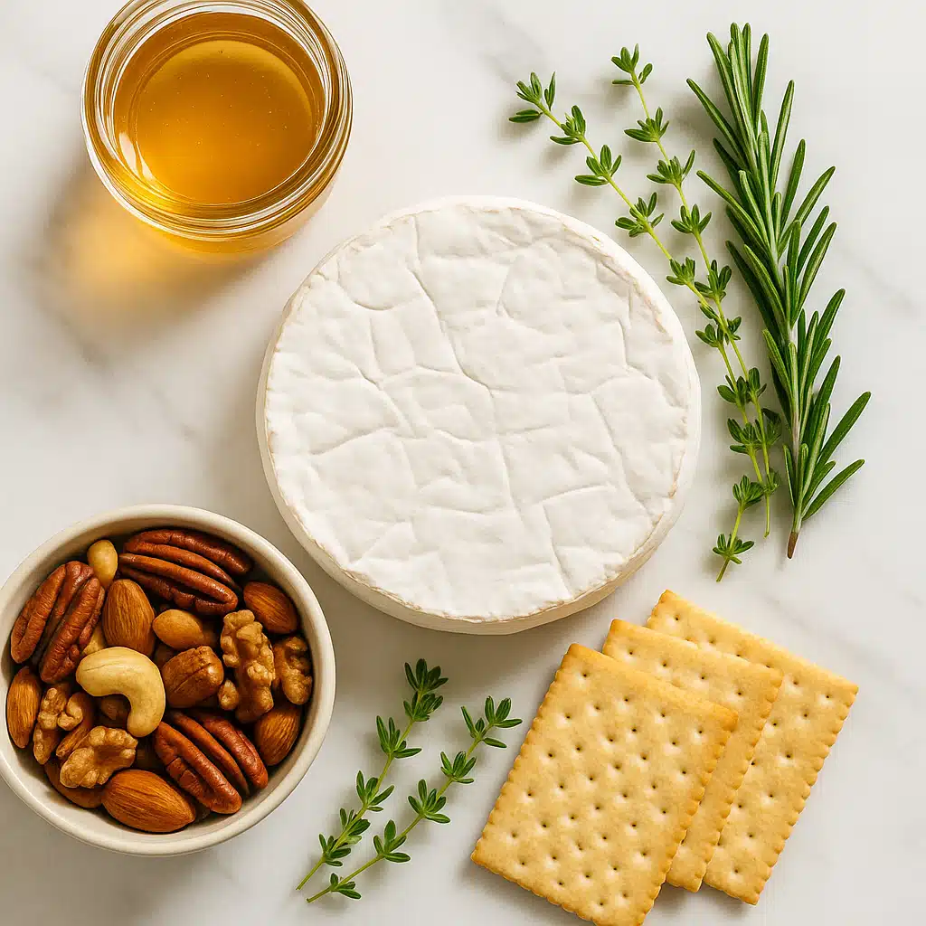 Overhead view of ingredients for baked brie arranged on a marble surface: wheel of brie cheese, jar of golden honey, bowl of mixed nuts, fresh herbs, and crackers, natural daylight, clean culinary styling