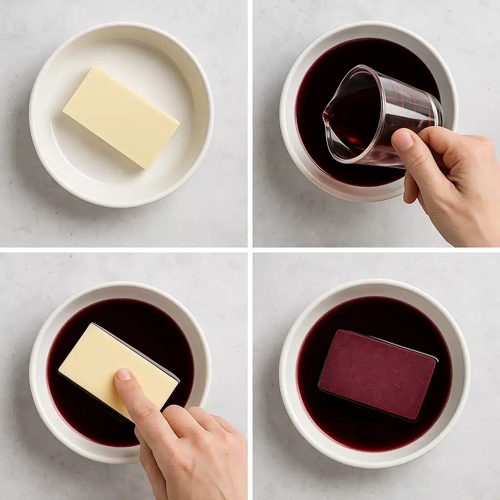 Step-by-step process showing cheese being soaked in shallow dish with wine, professional culinary instruction photography, clean overhead perspective, bright natural lighting