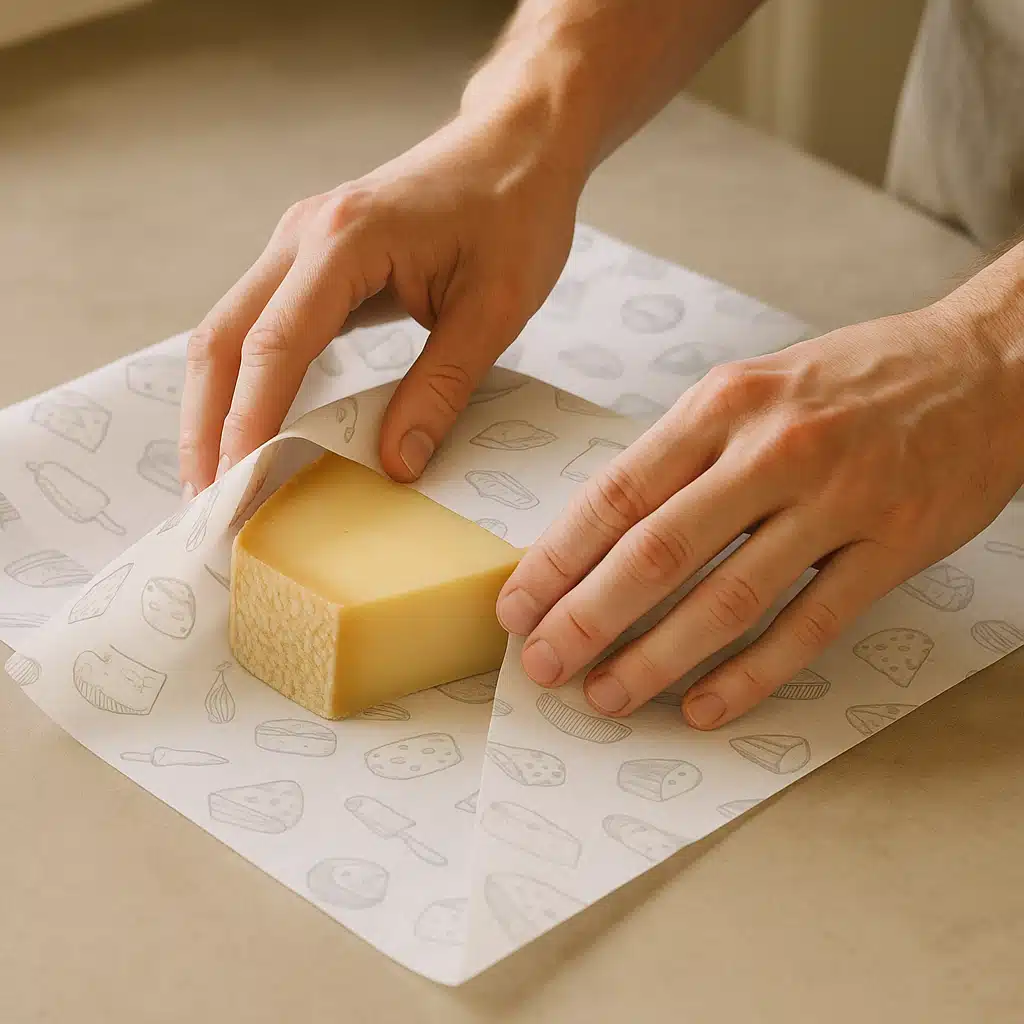 Close-up of cheese being wrapped in specialty cheese paper, hands carefully folding the material, kitchen countertop setting, educational demonstration style, soft natural lighting