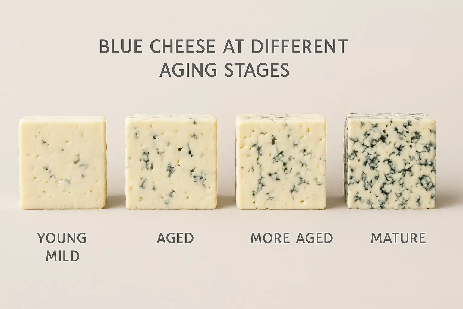 Side-by-side comparison of blue cheese at different aging stages showing progression from young mild cheese to mature well-veined cheese, educational presentation with clean background