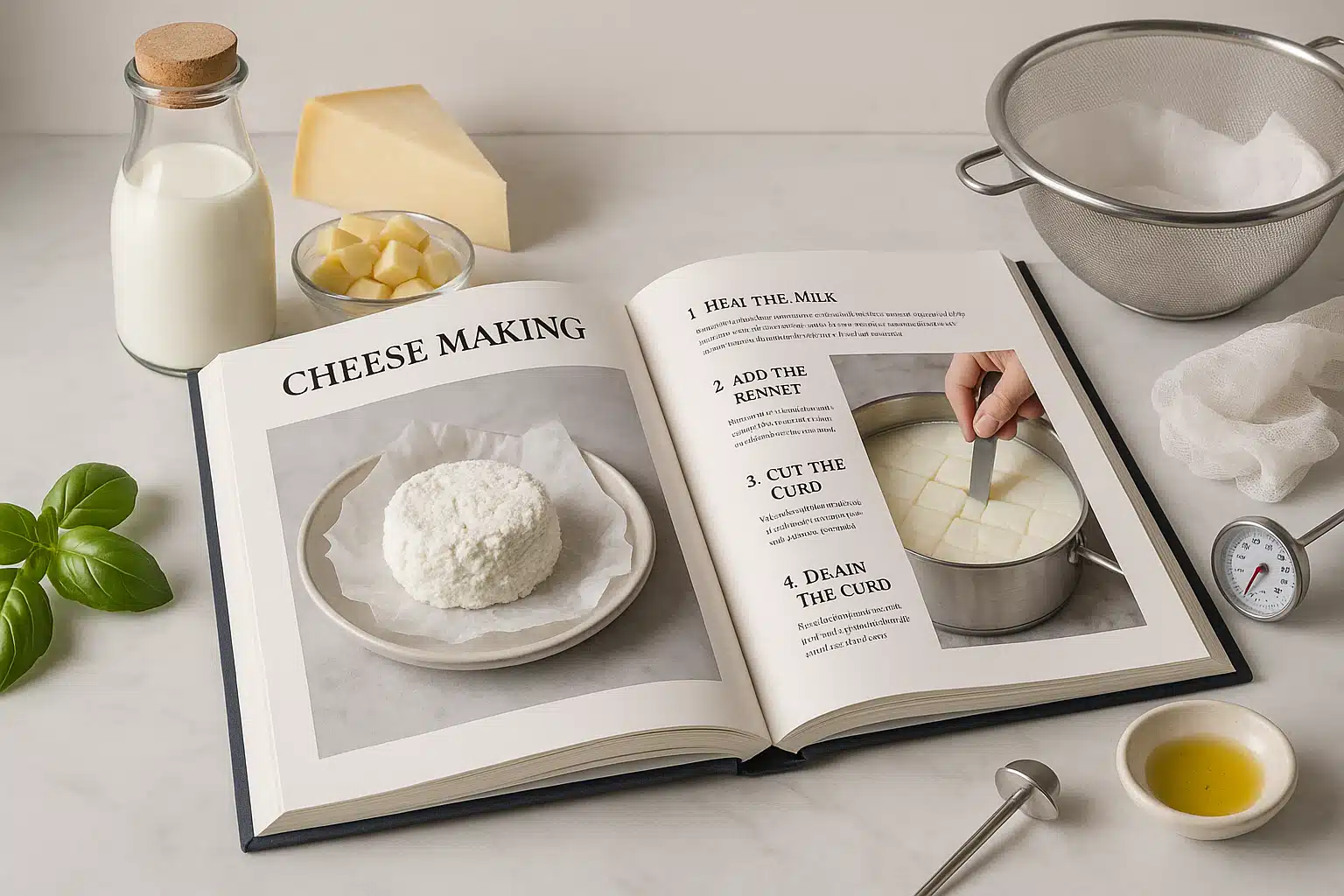 Open cookbook showing cheese making instructions with beautiful food photography, alongside fresh ingredients and cheese making equipment on a kitchen counter