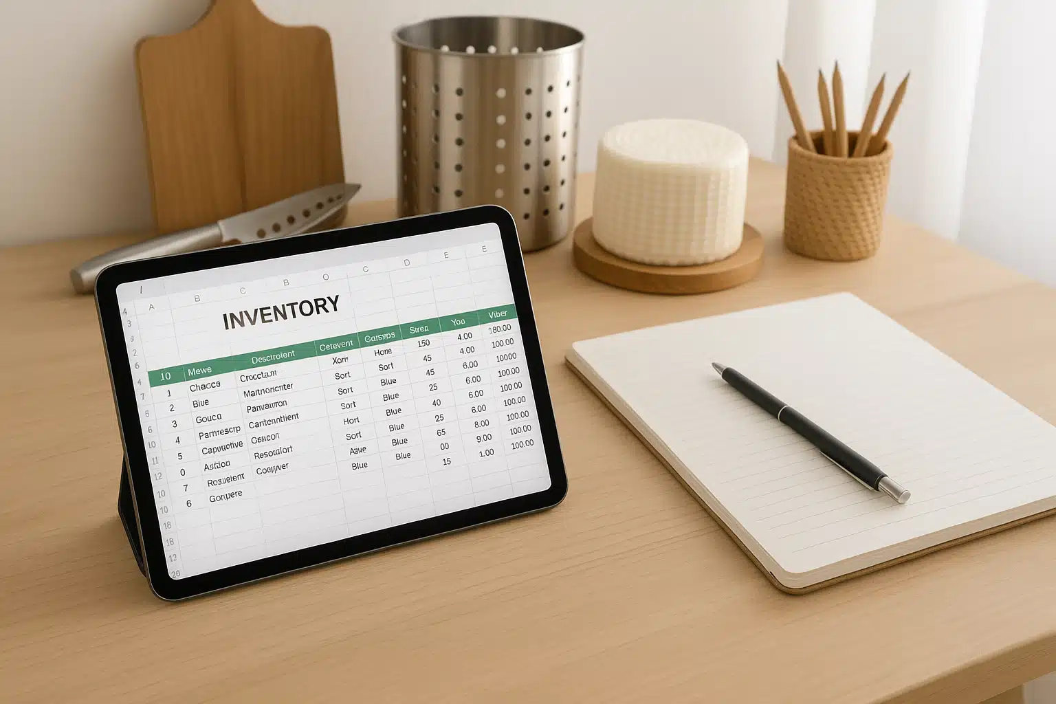 Clean organized workspace with digital tablet displaying inventory spreadsheet alongside traditional notebook, cheese making tools in background, bright natural lighting, professional documentation setup