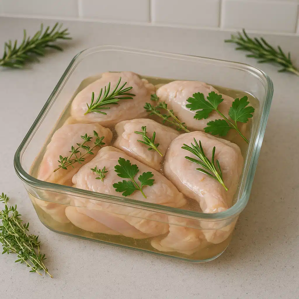 Raw chicken pieces marinating in clear liquid in glass container with herbs, clean kitchen preparation area, food preparation concept