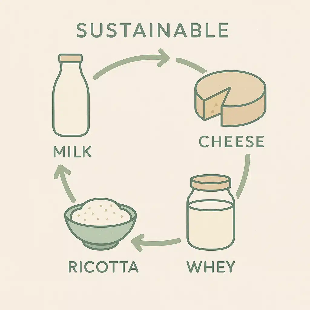 Conceptual image showing sustainable food cycle from milk to cheese to whey to ricotta, illustrated with circular arrangement of ingredients and products, clean educational design with eco-friendly aesthetic