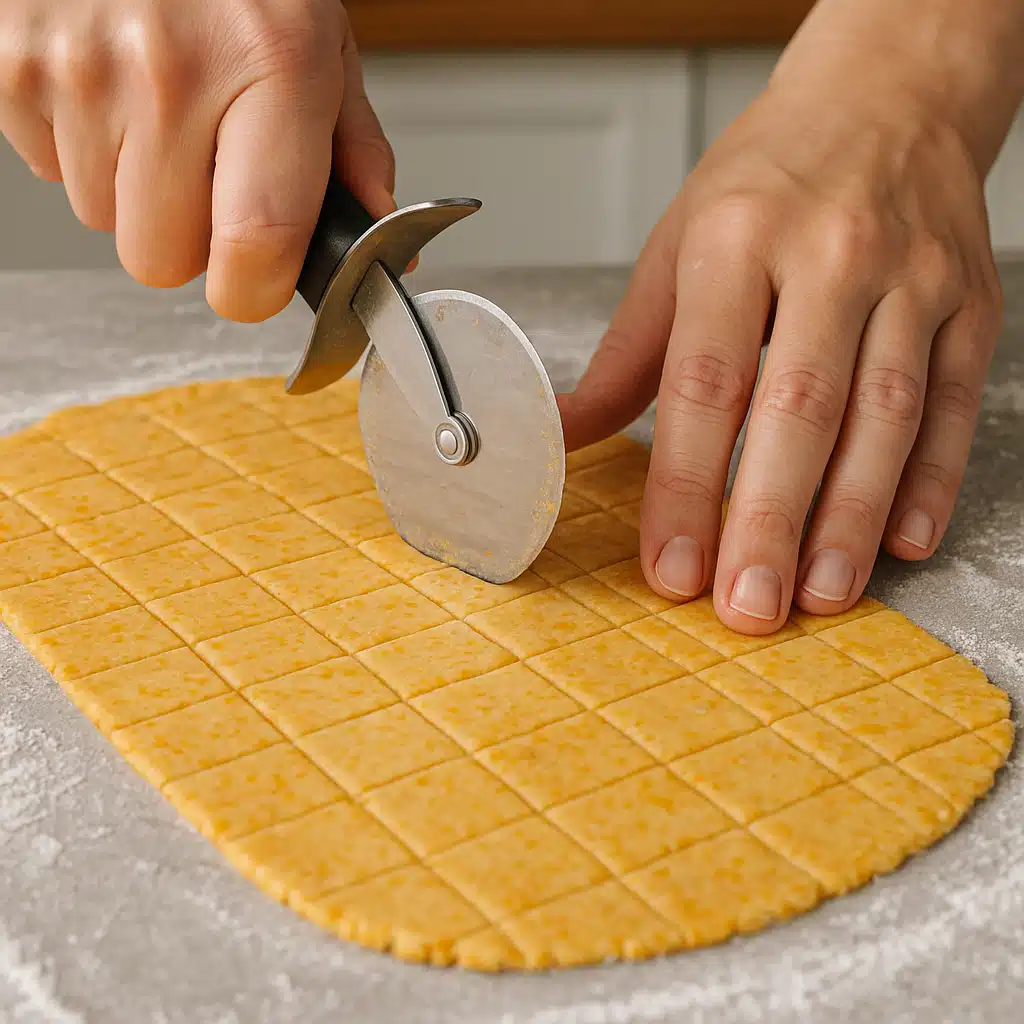 Hands using a pizza cutter to slice rolled cheese cracker dough into small squares on a floured surface, process shot showing dough texture and cutting technique, kitchen setting