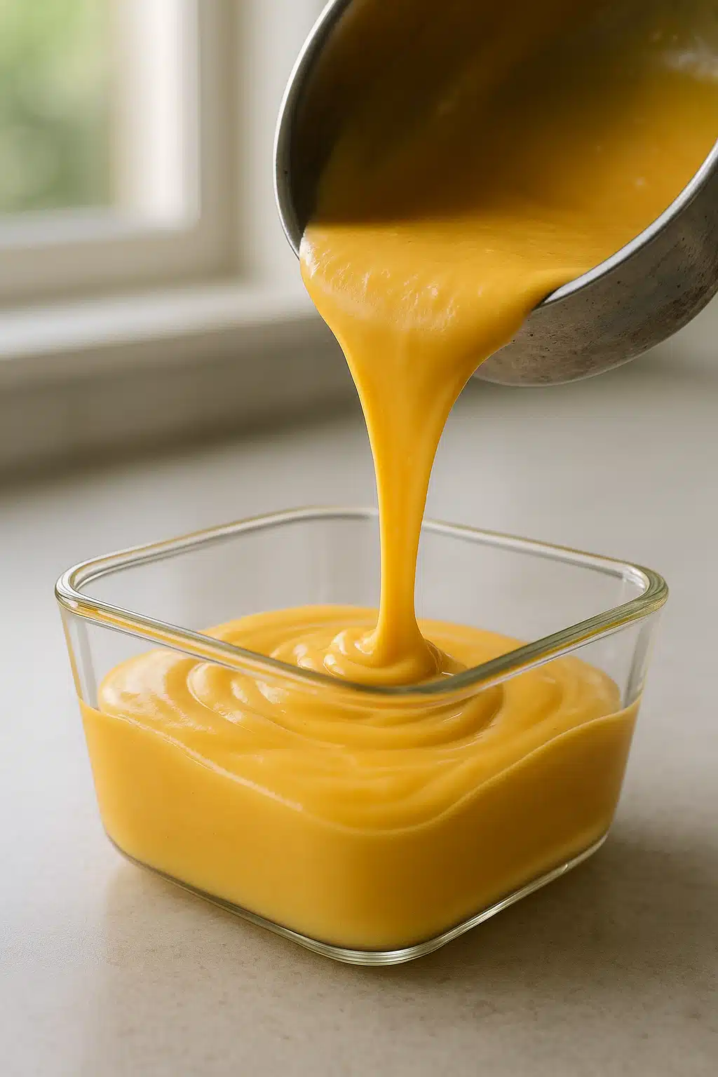 A glass container with golden-yellow smooth melting cheese being poured from a saucepan, glossy texture visible, on a clean kitchen counter with soft natural window light, appetizing food photography