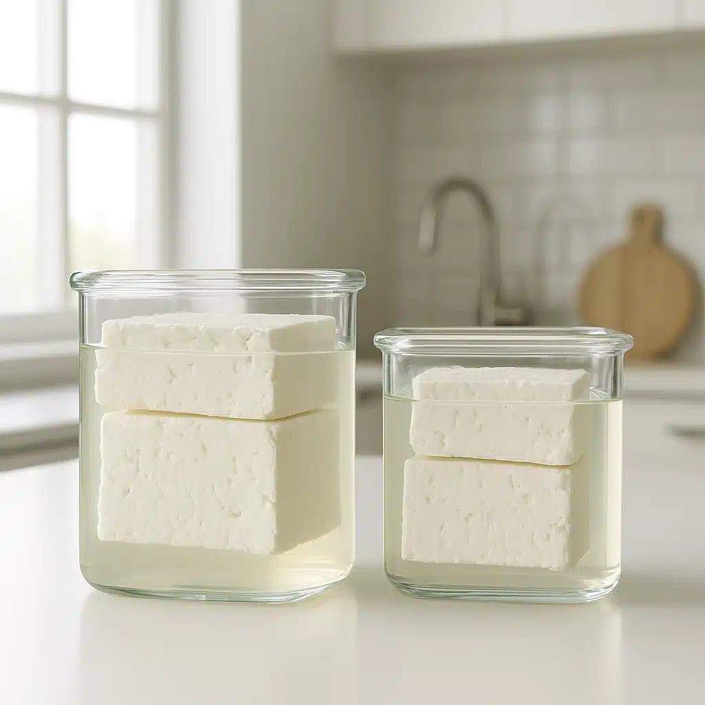 Blocks of white feta-style cheese stored in clear brine solution inside glass containers, clean modern kitchen counter, bright natural lighting