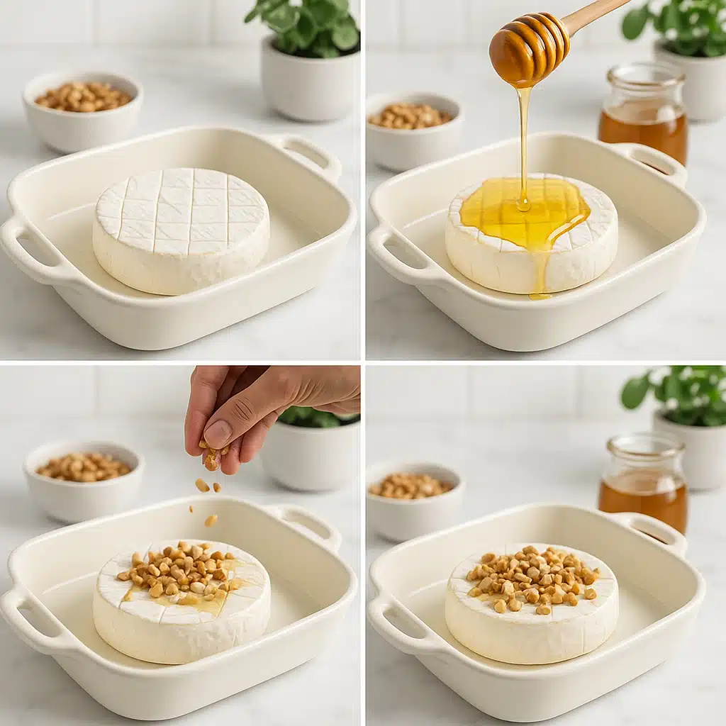 Step-by-step process showing brie cheese being prepared for baking: cheese in baking dish, honey being drizzled, nuts being sprinkled, professional food photography style, bright kitchen setting