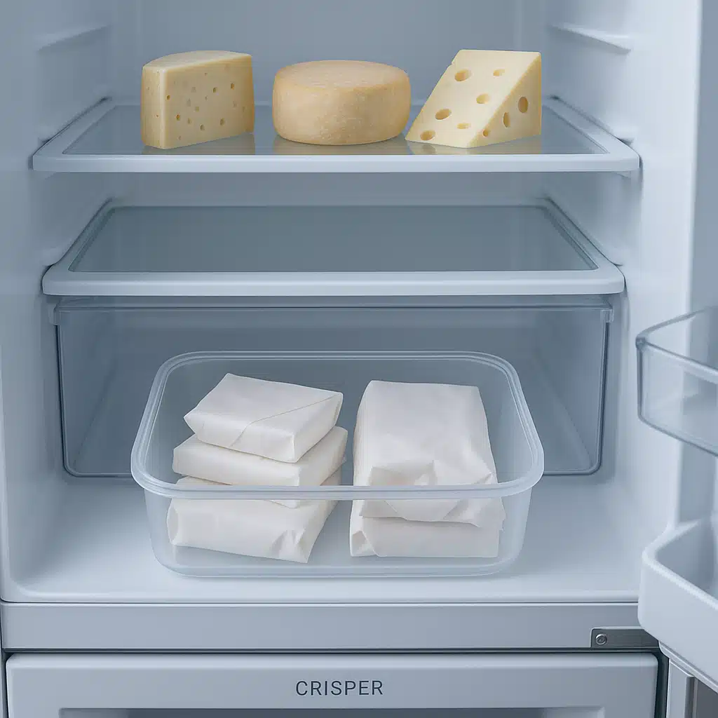 Modern refrigerator interior showing proper cheese storage in the crisper drawer, cheese wrapped in paper stored in a dedicated container, organized and clean setting, cool color temperature