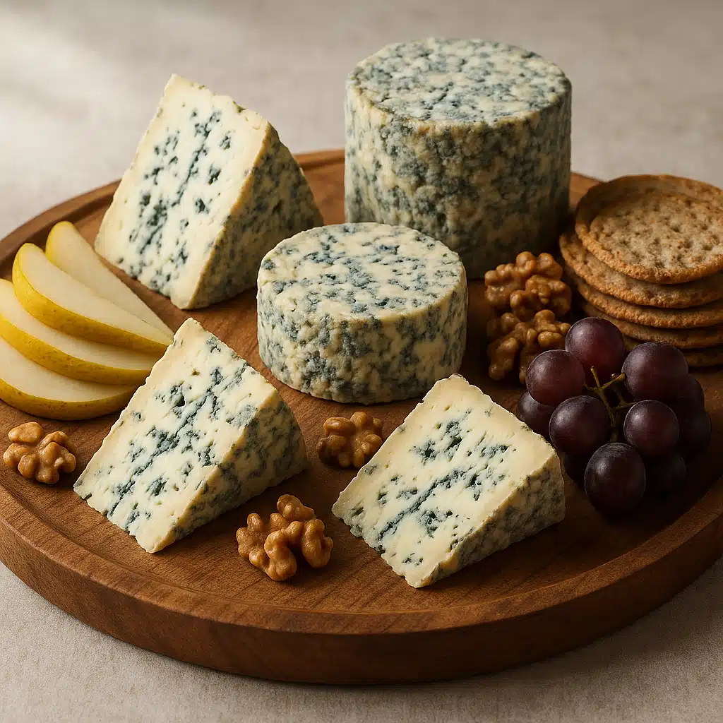 Artisan cheese board displaying various styles of homemade blue cheese alongside accompaniments like nuts, fruit, and crackers, elegant presentation with natural lighting