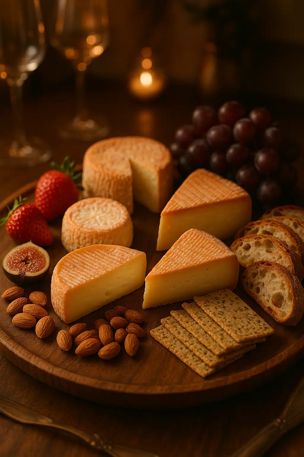 Beautifully styled cheese board featuring soaked-rind cheeses with fresh fruits, nuts, crackers, and artisanal bread, elegant entertaining setup, warm ambient lighting, professional food styling