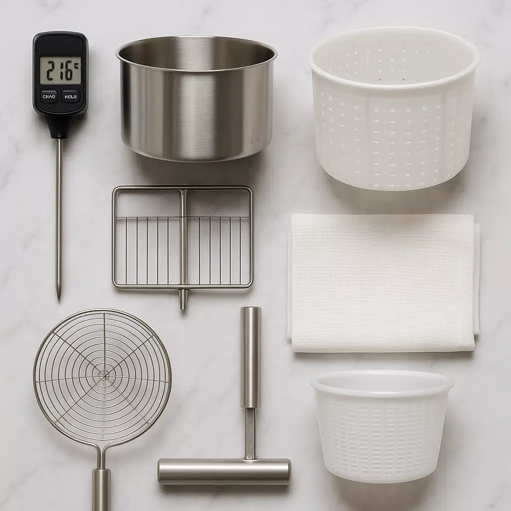 Collection of professional cheese making tools including digital thermometer, stainless steel molds, curd cutter, and draining equipment arranged on marble surface