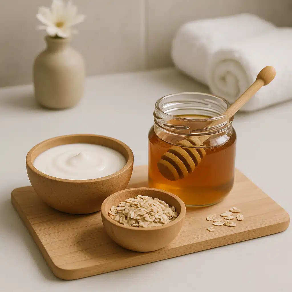 Natural skincare ingredients including bowl of white liquid, honey jar, and oats on clean bathroom counter, spa-like atmosphere, self-care concept