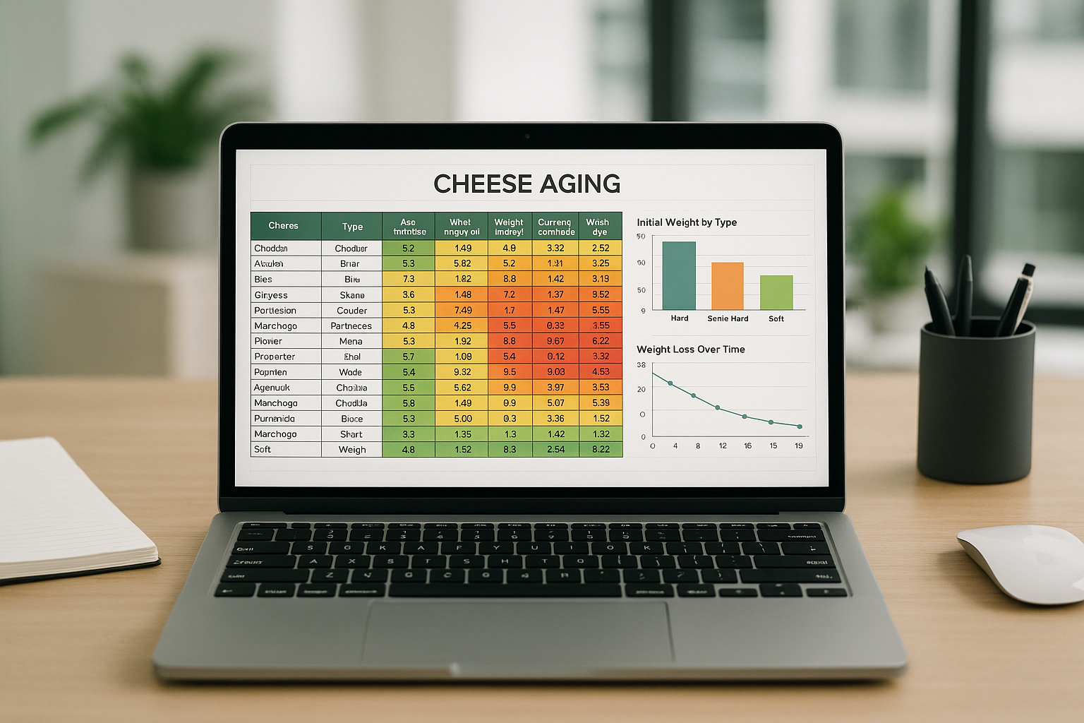 Laptop screen displaying detailed cheese aging spreadsheet with color-coded cells and graphs, modern office environment, clean aesthetic, focus on digital organization tools