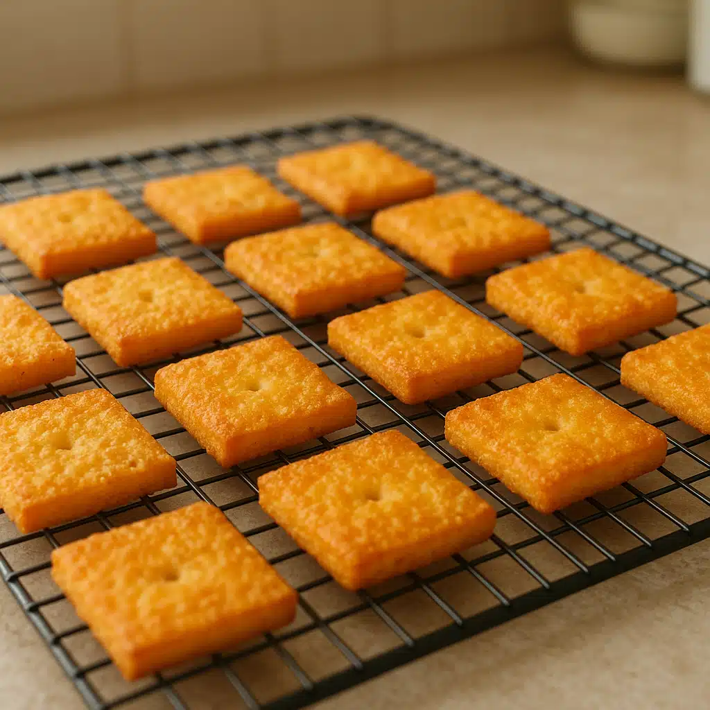 Baked golden cheese crackers cooling on a wire rack, showing crispy texture and even browning, kitchen background with soft focus, appetizing presentation