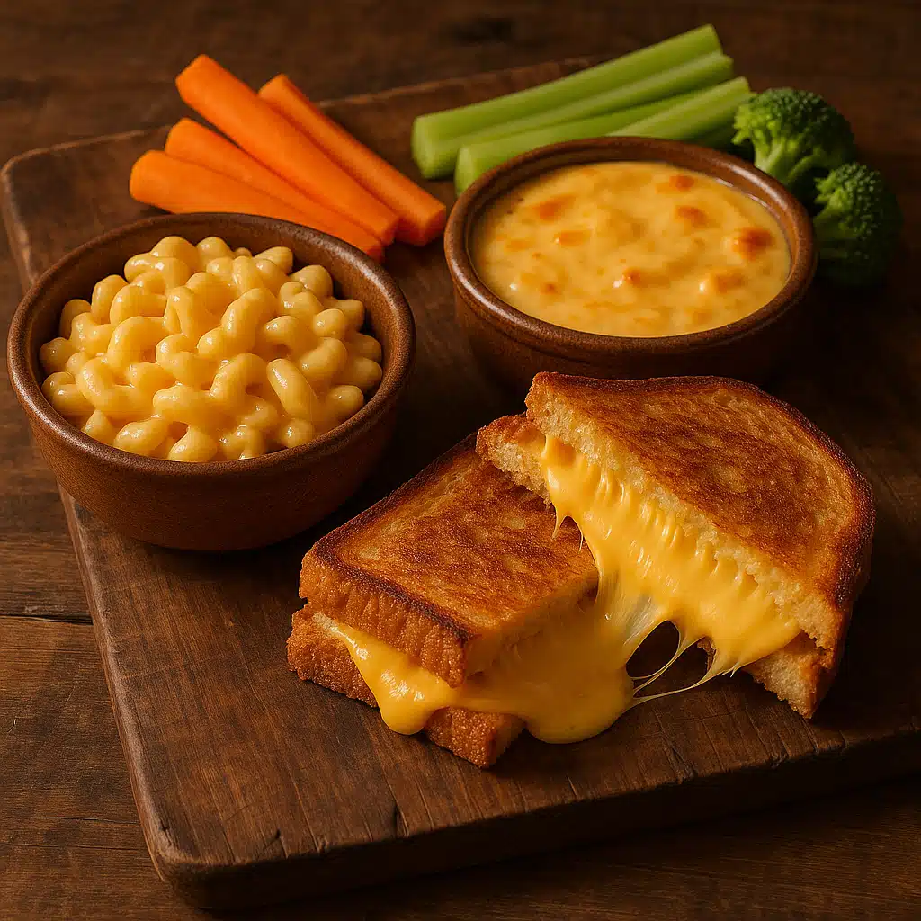 A rustic wooden board featuring various dishes made with melting cheese including golden mac and cheese in a bowl, grilled cheese sandwich cut in half showing cheese pull, and cheese dip with vegetables, warm inviting food styling with natural lighting