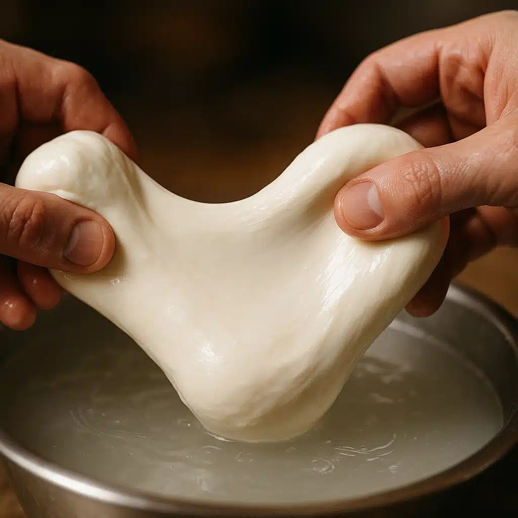 Hands stretching fresh mozzarella curd in warm water, showing glossy smooth texture, close-up action shot, professional food photography with shallow depth of field