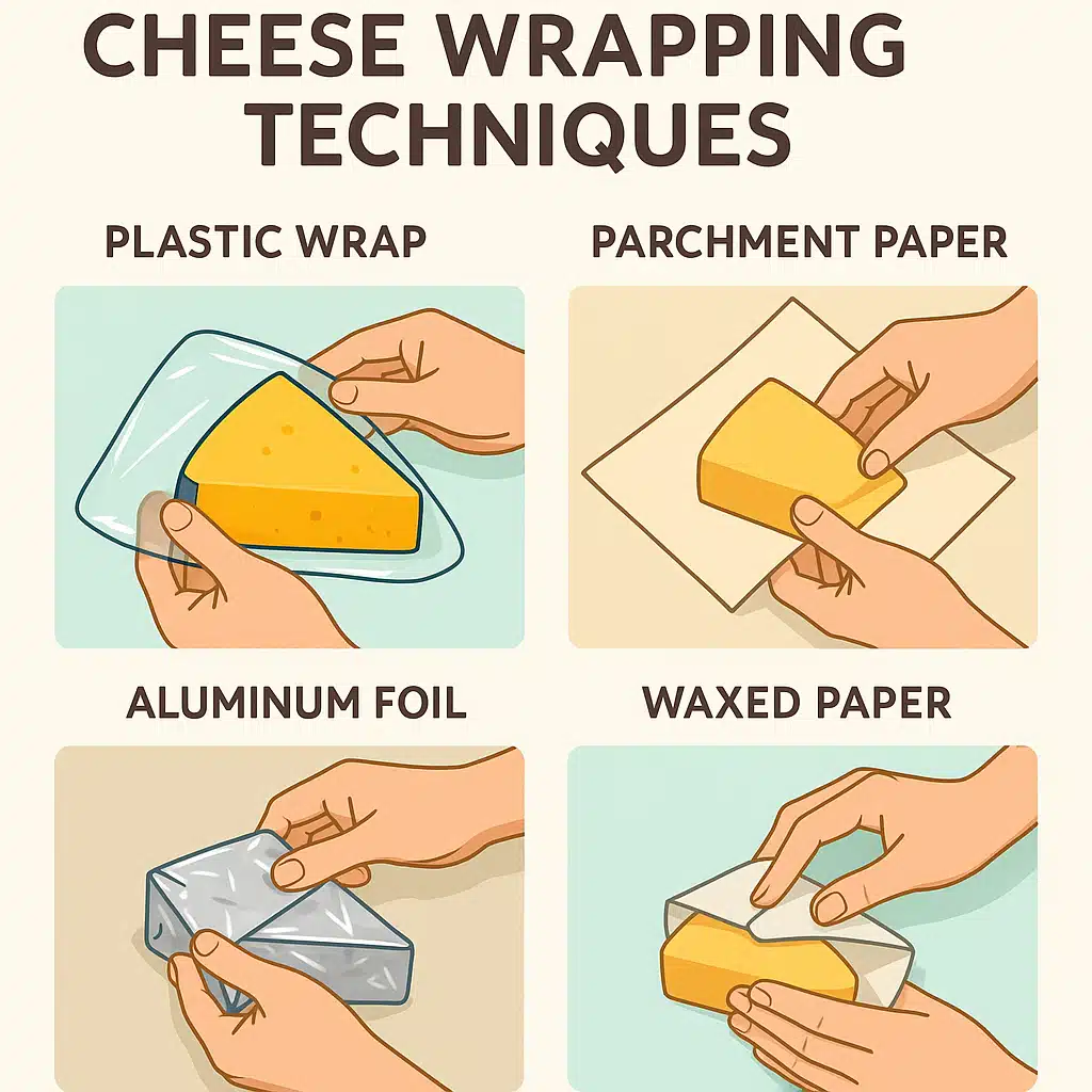 Step-by-step visual guide showing different cheese wrapping techniques, hands demonstrating proper folding methods with various materials, educational infographic style, bright and clear presentation