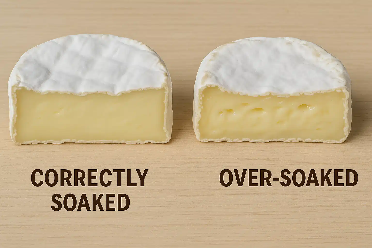 Comparison showing correctly soaked cheese with proper texture versus over-soaked cheese with mushy rind, educational culinary photography, clear detail, informative presentation