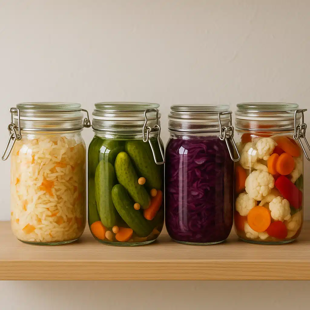 Glass fermentation jars filled with colorful vegetables and brine on kitchen shelf, traditional food preservation, healthy gut food concept