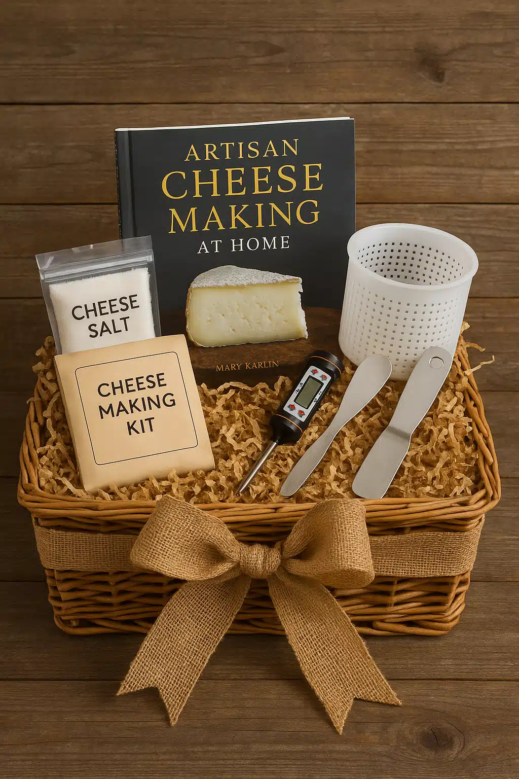 Beautifully arranged gift basket containing cheese making supplies, books, and tools with rustic ribbon and decorative presentation on wooden background